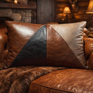 Brown & Black Faux Leather Patchwork Decorative Lumbar Pillow Cover, Country Style Couch/Sofa/Cowboy Oblong Cushion Cover -  The Plough