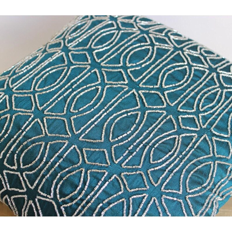 Designer Trellis, Lattice Couch Cushion Cover 16"x16", Art Silk Throw Cushion Royal Peacock Green Couch - Geometric Royal Peacock Green image 5