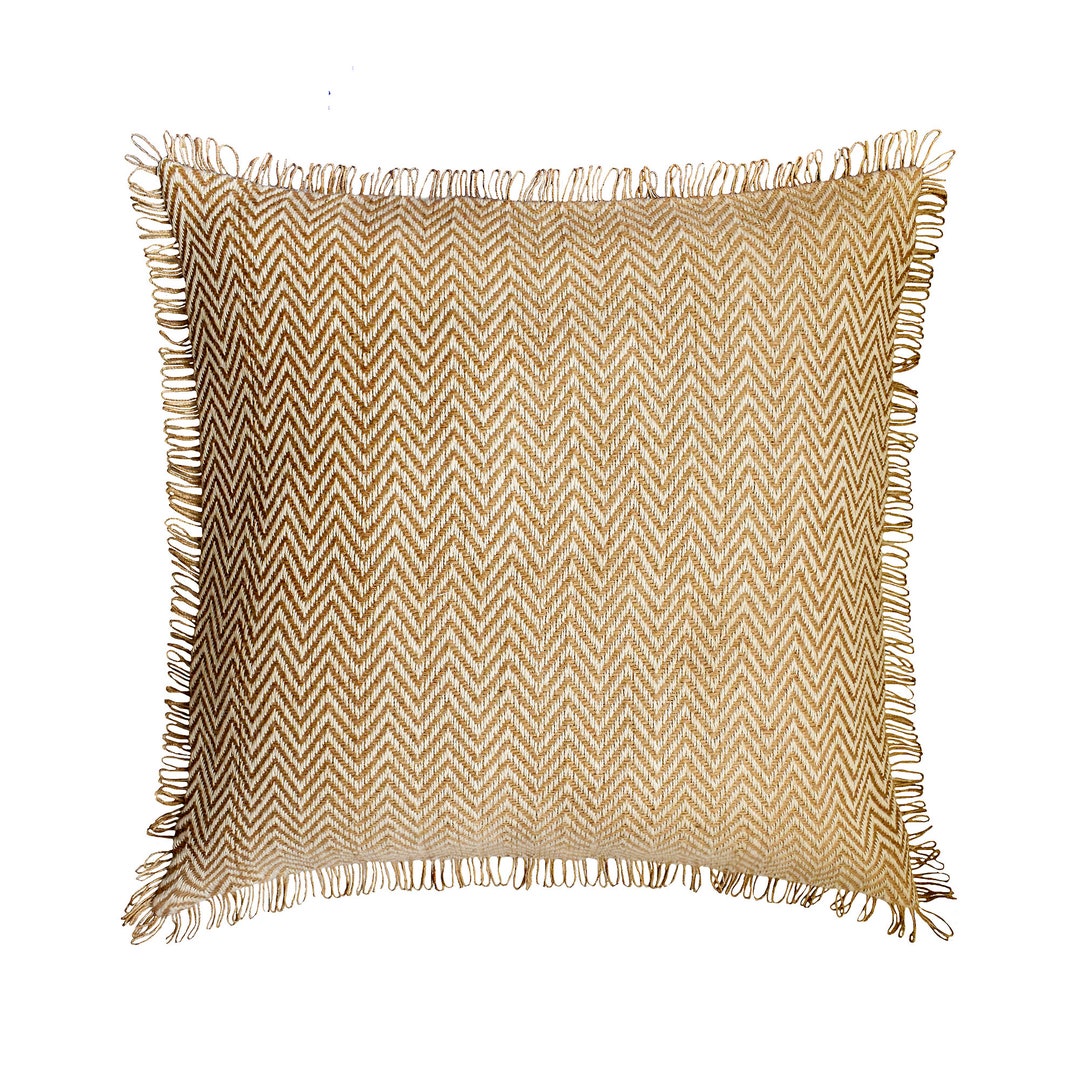 Decorative Jute Pillow Cover 16x16 Inch Beige Chevron Pattern Throw