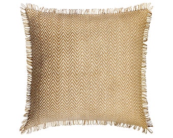 Decorative Jute Pillow Cover 16x16 Inch Beige Chevron Pattern Throw Pillow with Jute Lace Cushion Cover Moroccan Contemporary - Jute Classic