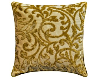Decorative Velvet Cushion 16"x 16", Toss Throw Pillow Beige Velvet Burnout Pillow Cover with Gold Bead Embroidery Home Decor-Abstract Medley