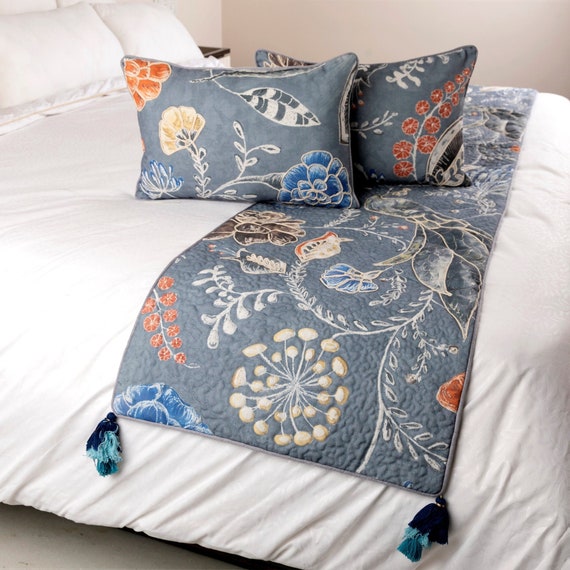 King Queen Twin Blue Bed Runner With Decorative Throw Pillow Cover Cotton Peacock Quilted Jute Embroidery Modern Peacock Willow Etsy Canada