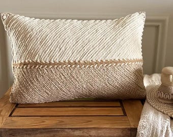 Jute Briaded Lumbar Pillow Cover, Neutral Pillow Beige and Ivory Chevron Pattern Oblong Pillow Boho Bedroom Living Room Decor - JuteForm