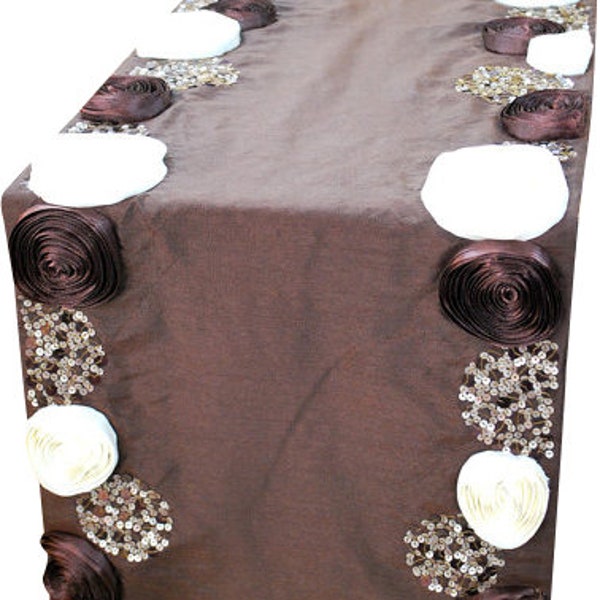 Disponible en chemin de table décoratif de 11, 4, 6, 8 ou 10 places marron, Soie Fleur de ruban de roses en des paillettes - Satin Ribbon