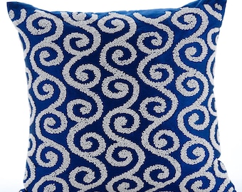 Designer Royal Blue European Sham 24"x24"/26"x26", Art Silk Cushion Cover Scrolls, Abstract Pillow Cover Moroccan - Around The World