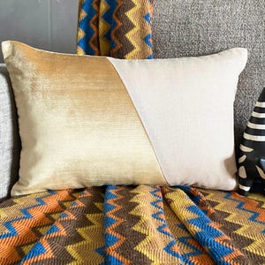 Velvet/Linen Gold & Beige Color Block Decorative Lumbar Throw Pillow Cover, Modern Patchwork Couch/Sofa Oblong Cushion Cover-Velutinous Gold