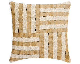 Decorative Jute Pillow Cover 16x16 Inch Beige / Ivory Striped Pattern Throw Cushion with Boucle Embroidery Moroccan Contemporary-Jute Appeal