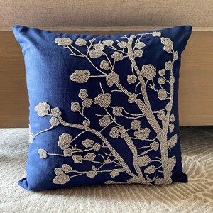 16"x16" Designer Navy Blue Throw Pillow Cover, Cotton Linen Pillow Custom Cushion Case Nature Floral Contemporary Style - Silver Magnolia