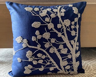 16"x16" Designer Navy Blue Throw Pillow Cover, Cotton Linen Pillow Custom Cushion Case Nature Floral Contemporary Style - Silver Magnolia