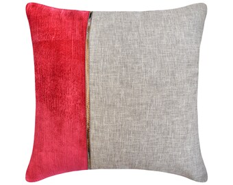 Decorative Throw Pillow Cover 16x16 Inch Grey Linen with Red Corduroy Patchwork Modern Home Bedroom Décor Holiday Decor - Winterberry Red