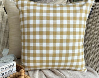 Checkered Throw Pillow Cover 16x16 Inch Cotton Buffalo Checks, Ochre and White Checks Pillow, Nursery Decor, Country & Farmhouse - Checkmate