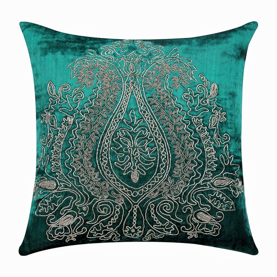 Embroidered Cushion Cover Green - White Paisley Design Embroidered Cushion Cover Green - White Paisley Design