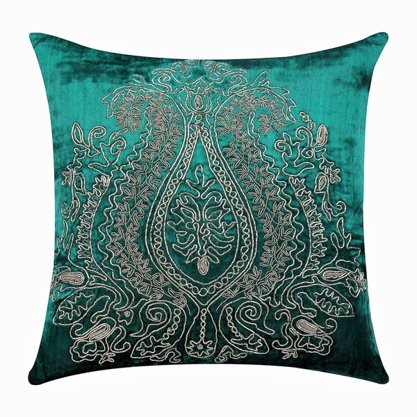 Luxury Peacock Green Pillow Custom 16"x16", Velvet Throw Pillow Cover Cushion Paisley Pattern Traditional Home Decor Pillow - Royal Duke