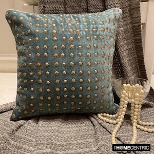 ティール＆ゴールドビーズ刺繍ドット柄ベルベットホイルクッションカバー、16x16インチモダンクッションカバー - Wheeling Around Teal