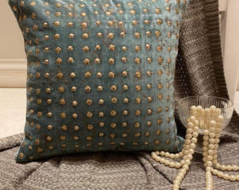 Teal & Gold Bead Embroidered Dotted Pattern Velvet Foil Throw Pillow Cover, 16x16 Modern Cushion Cover -Wheeling Around Teal
