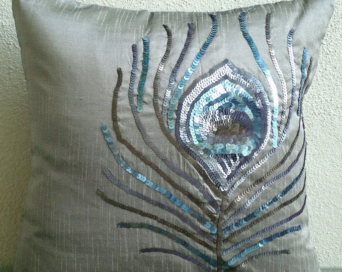 Peacock Feather Throw Pillow Covers 16x16 Inches Silk Etsy