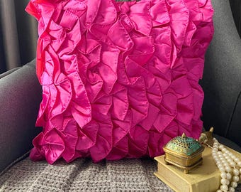 Satin Fuchsia Pink Sofa Cushion Cover 16&quot;x16&quot;, Designer Throw Pillow Cover Ruffles Throw Pillow Case Solid Color Modern - Vintage Fuchsia