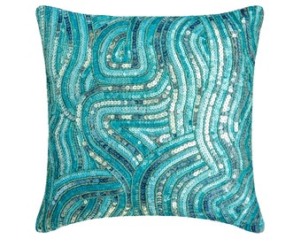 16"x16" Luxury Aqua Blue Throw Pillow Cover, Art Silk Couch Pillow Cover Sea Waves Couch Pillow Sea Creatures Beach - Aqua Infinity