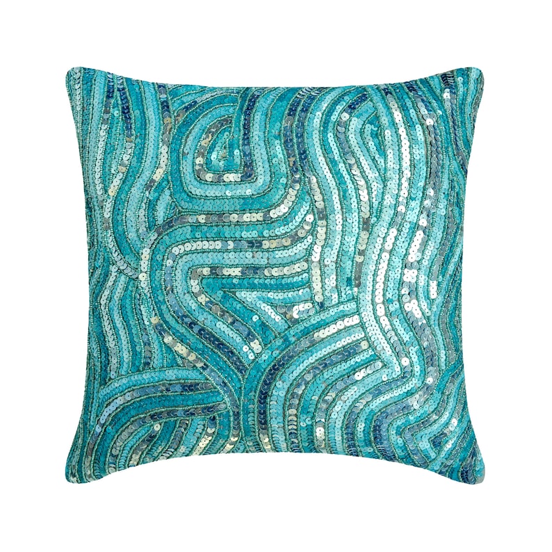 16x16 Luxury Aqua Blue Throw Pillow Cover, Art Silk Couch Pillow Cover Sea Waves Couch Pillow Sea Creatures Beach Aqua Infinity image 1