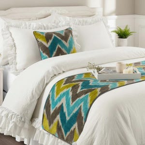 King / Queen / Twin Turquoise Blue / Chartreuse Bed Runner with Matching Decorative Throw Pillow Cover In Velvet Modern Decor- Plume Palette