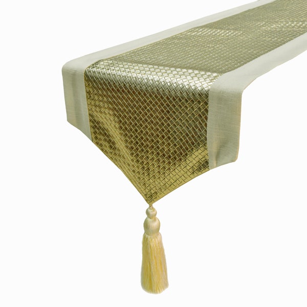 Available in 11 sizes, 36 to 120 Inches long Decorative Table Runner In Gold Textured Faux Leather & Linen with Tassels- Gold Leathersmith