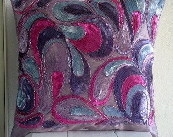 Royal Obsession - Throw Pillow Covers - 20x20 Inches Silk Pillow Cover Embroidered with Different Color Sequins & Beads
