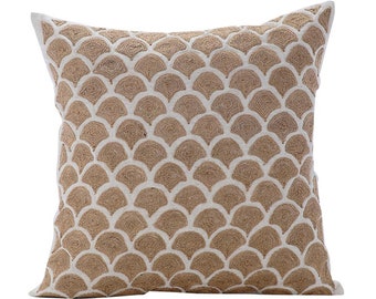 Decorative Beige Couch Throw 16"x16", Cotton Linen Cushion Cover Jute, Trellis, Lattice Pillow Cover Abstract Contemporary - Jute Trellis