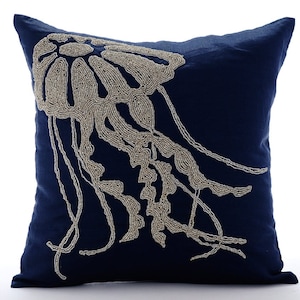Decorative Navy Blue European Euro Sham 24&quot;x24&quot;  / 26&quot;x26&quot; , Cotton Linen Euro Pillow Sham Jelly Fish, Cushion - Jelly Fish At The Shore