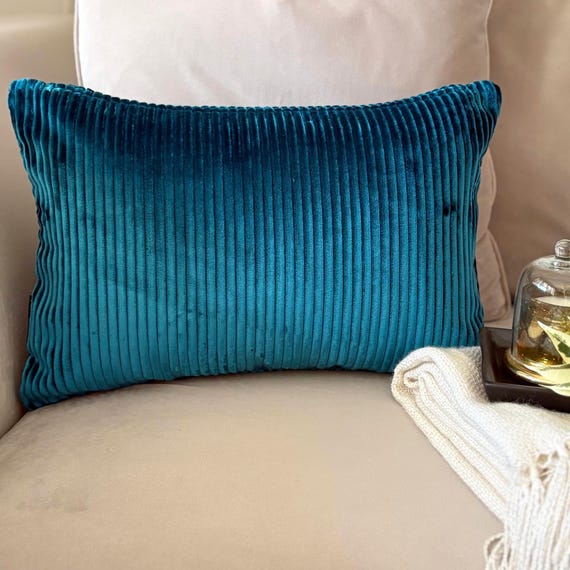 Petrol Blau Lux Samt Gerippter Lendenkissenbezug, Kord Längliches Kissen, Extra Weich, Minimalistisches Dekor, Boho Couch Kissenbezug