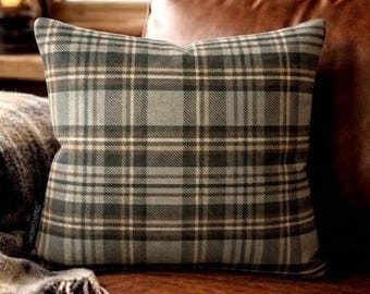 Gray / Brown Velvet Plaid, Checkered Pattern, Modern Country Home Throw Pillow Cover / Euro Sham - Plaidscape Gray