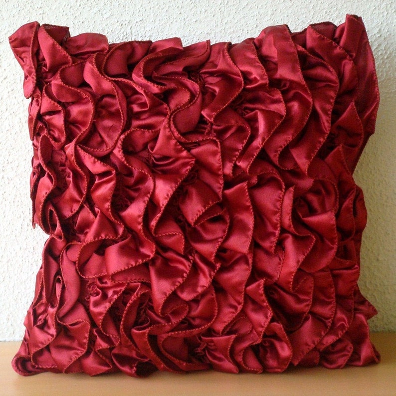 Satin Ruby Red Toss Cushion 16x16, Designer Toss Throw Pillow Ruffles Throw Pillow Solid Color Pattern Modern Style Vintage Rubys image 5