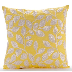 16x16 Designer Yellow Cushion Pillow, Art Silk Cushion Case Leaf Pillow Case Cover Nature Floral Tropical Style Nature Is Classy image 1