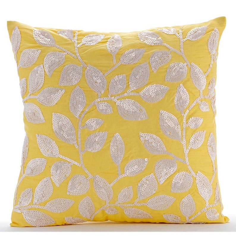 16x16 Designer Yellow Cushion Pillow, Art Silk Cushion Case Leaf Pillow Case Cover Nature Floral Tropical Style Nature Is Classy image 1