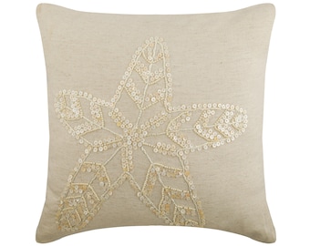 16&quot;x16&quot; Designer Beige Throw Pillow Cover Custom, Cotton Linen Sofa Cushion Starfish Sofa Throw Sea Creatures Beach - Starfish Pearls