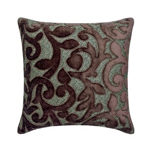 Decorative Throw Pillow Cover 16x16 Inch Brown Velvet Sofa Pillow Cover Textured Abstract Pattern with Bead Embroidery Couch / Bedroom- Abra