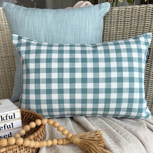Checkered Oblong / Lumbar Throw Pillow Cover in Cotton Buffalo Checks, Aqua Check Pillow, Country and Farmhouse Pillow, Nursery Decor