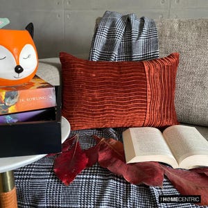 Fall Oblong/ Lumbar Throw Pillow Cover in Autumn Color Rust Textured Velvet Fabric with Patchwork Pattern Autumn Decor, Gifts-Equilibrium