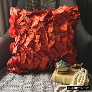 Designer Orange Throw Pillow Cover 16&quot;x16&quot;, Satin Couch Pillow Cover Ruffles Couch Pillow Solid Color Pattern Modern Style - Vintage Orange