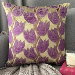Olive Green / Purple Velvet, Embroidered Nature & Floral Pattern, Modern Throw Pillow Cover / Euro Sham -Tulip Around