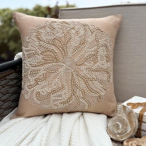 Beige Cotton Linen Beaded Sea Creature Pattern Throw Pillow Cover, 16"x16", Beach Style Cushion Cover, Square Pillowcase - Sea Urchin