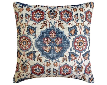 Decorative Throw Pillow Cover 16x16 Inch Blue / Rust / Ivory Printed Velvet Cushion Cover Persian Home Bedroom Décor - Zahara