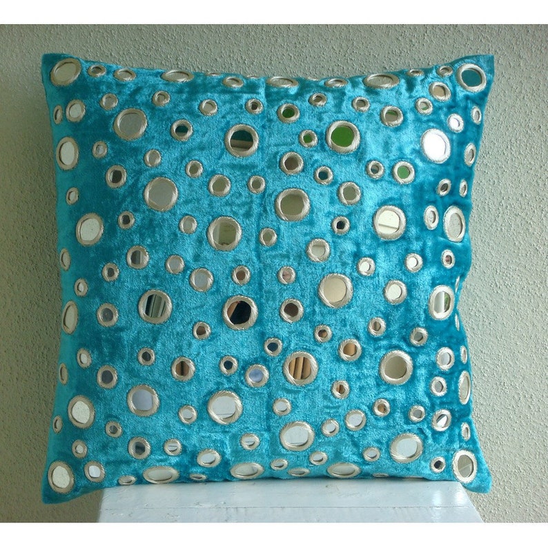 Luxury Turquoise Blue Bed Pillow case 24x24/26x26, Velvet Pillow Sham Pillow Case Cover Circles Dots Contemporary Aqua Reflections image 5