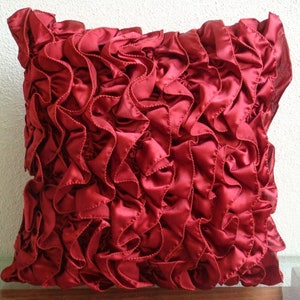 Satin Ruby Red Toss Cushion 16x16, Designer Toss Throw Pillow Ruffles Throw Pillow Solid Color Pattern Modern Style Vintage Rubys image 4