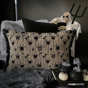 Woven Jacquard Spiders Halloween Lumbar Pillow Cover, Silver Beads & Lace Embroidery, Black/Ivory Spooky Oblong Cushion Cover-Webbed Spiders