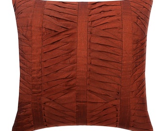 Decorative Rust Orange Bed Cushion 24"x24"/26"x26", Art Silk Euro Sham Pintucks, Textured Pillow Sham Striped Pattern Modern - Rusty