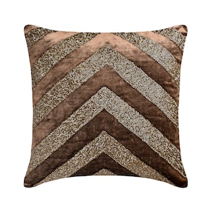 Decorative Brown Throw Pillow Cover 16x16 Inch Velvet Cushion Cover Beaded Chevron Pattern Tone On Tone Modern Home Décor - Brown Summit