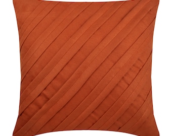 16"x16" Handmade Rust Orange Throw Pillow Cover, Faux Suede Pillow Custom Pintuck, Textured Cushion Case Stripe Couch - Contemporary Rust