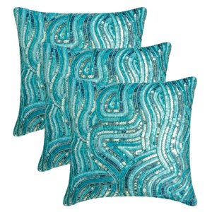 16x16 Luxury Aqua Blue Throw Pillow Cover, Art Silk Couch Pillow Cover Sea Waves Couch Pillow Sea Creatures Beach Aqua Infinity image 4