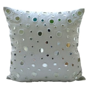 Designer White Cushion Pillow 16&quot;x16&quot;, Cotton Canvas Cushion Case Mirror Embroidery Pillow Case Cover Circles Dots - White Mirrors