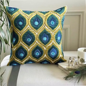 Green Velvet Applique Birds Pattern Modern Throw Pillow Cover - Art Deco Peacock